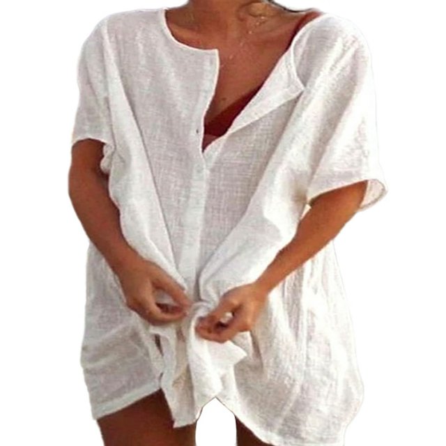 Robe Décontractée Ample Grande Taille pour Femmes Manches Courtes Boutons Robe Chemise de Plage