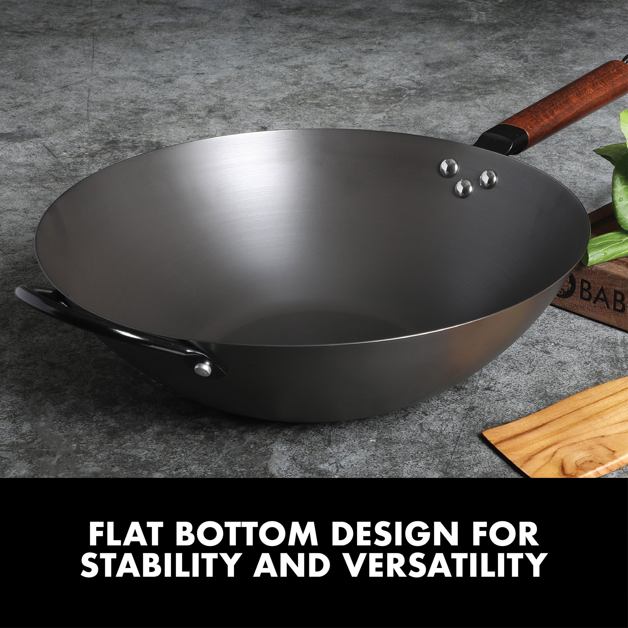 Babish Carbon Steel Flat Bottom Wok and Stir Fry Pan, 14-Inch
