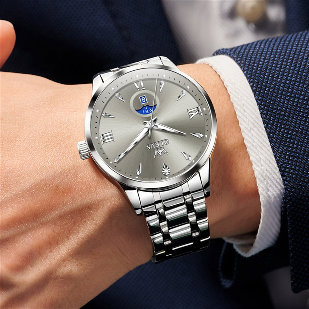 OLEVS Watches for Men Business Dress Casual Analog Quartz Stainless Steel Waterproof Luminous Men Wrist Watches Reloj Para Hombre Gray Dial