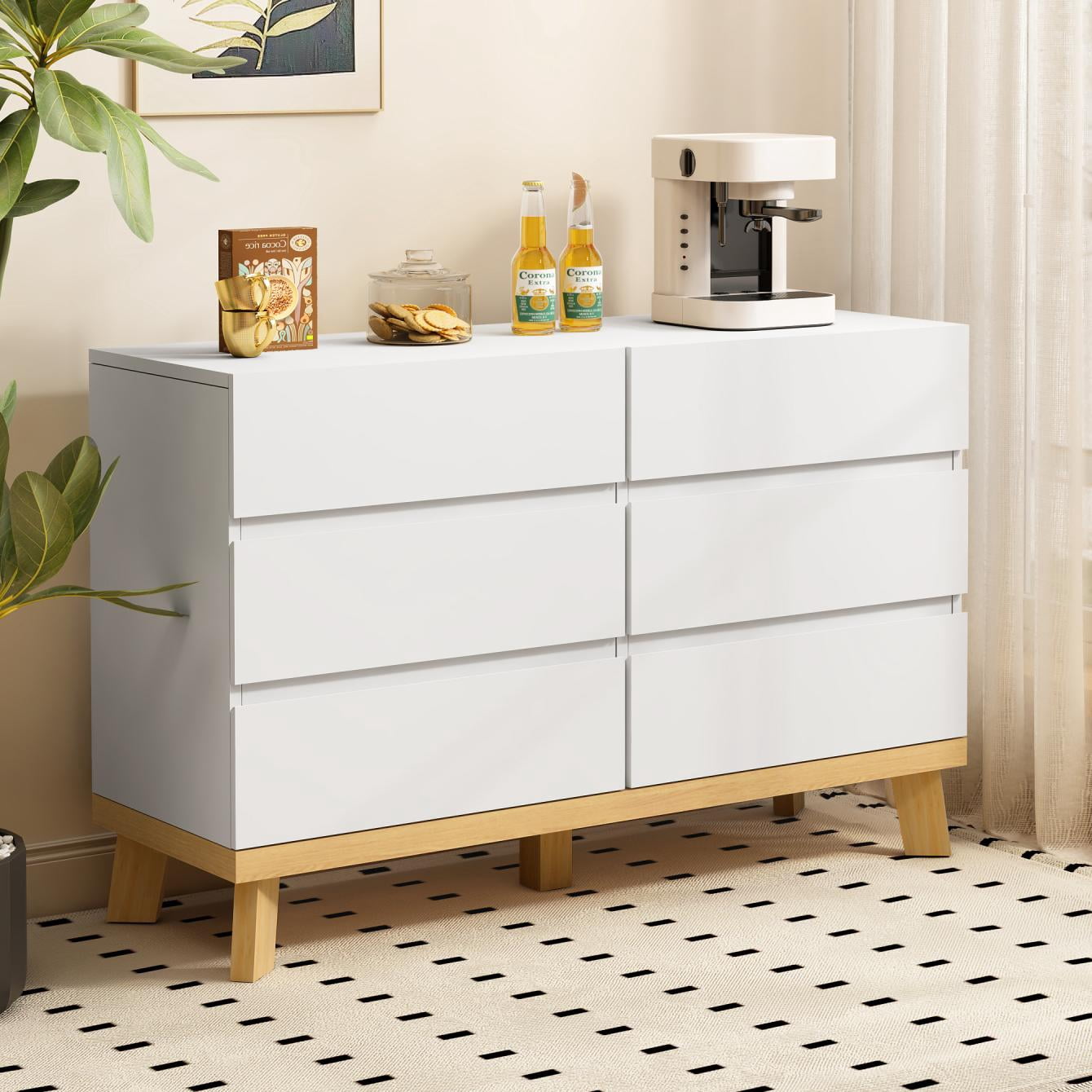 6-Drawer Dresser,White Double Dresser,Wood Storage Cabinet Chest of Drawers for Bedroom,Living Room