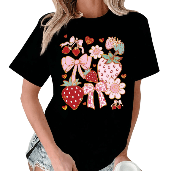 Black Print Tshirt Graphic Tees Shirts S-5XL Coquette Strawberry Bow Print Soft Casual Trendy Tops