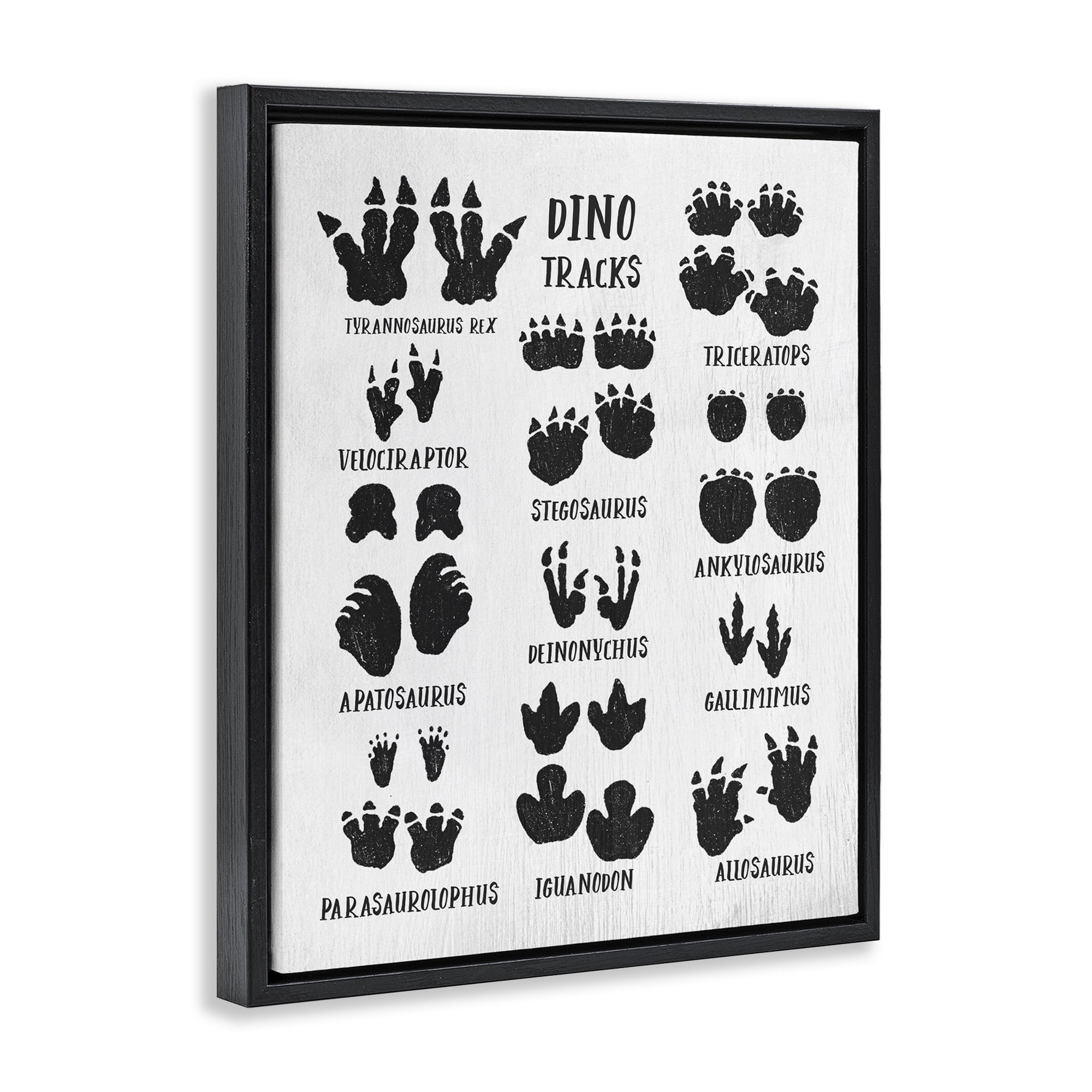 Stupell Industries Children's Rustic Dinosaur Track Chart Animals & Insects Painting Black Floater Framed Canvas Art Print Wall Art, 17 x 21