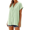 thumbnail image 5 of Striped Tops for Women Button Down Short Sleeve V Neck Shirt Loose Summer Tunic Tops Casual Beach Clothes (L, Green), 5 of 7