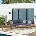 thumbnail image 3 of GDF Studio Bianca Outdoor Mid Century Modern Acacia Wood 5 Seater Sectional Chat Set with Club Chair, Teak and Dark Gray, 3 of 14
