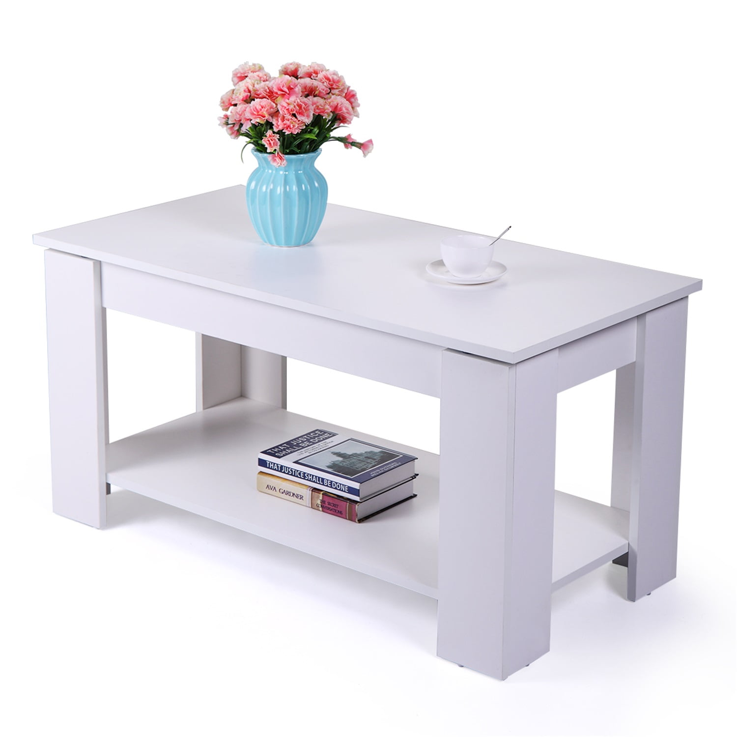 Kadyn Wooden Elevator Top Coffee Table, Mid-century Modern Coffee Table with Hidden Compartments and Open Shelving, Can Be Raised Top Central Coffee Table, White Kadyn Wooden Elevator Top Coffee Table, Mid-century Modern Coffee Table with Hidden Compartments and Open Shelving, Can Be Raised Top Central Coffee Table, White