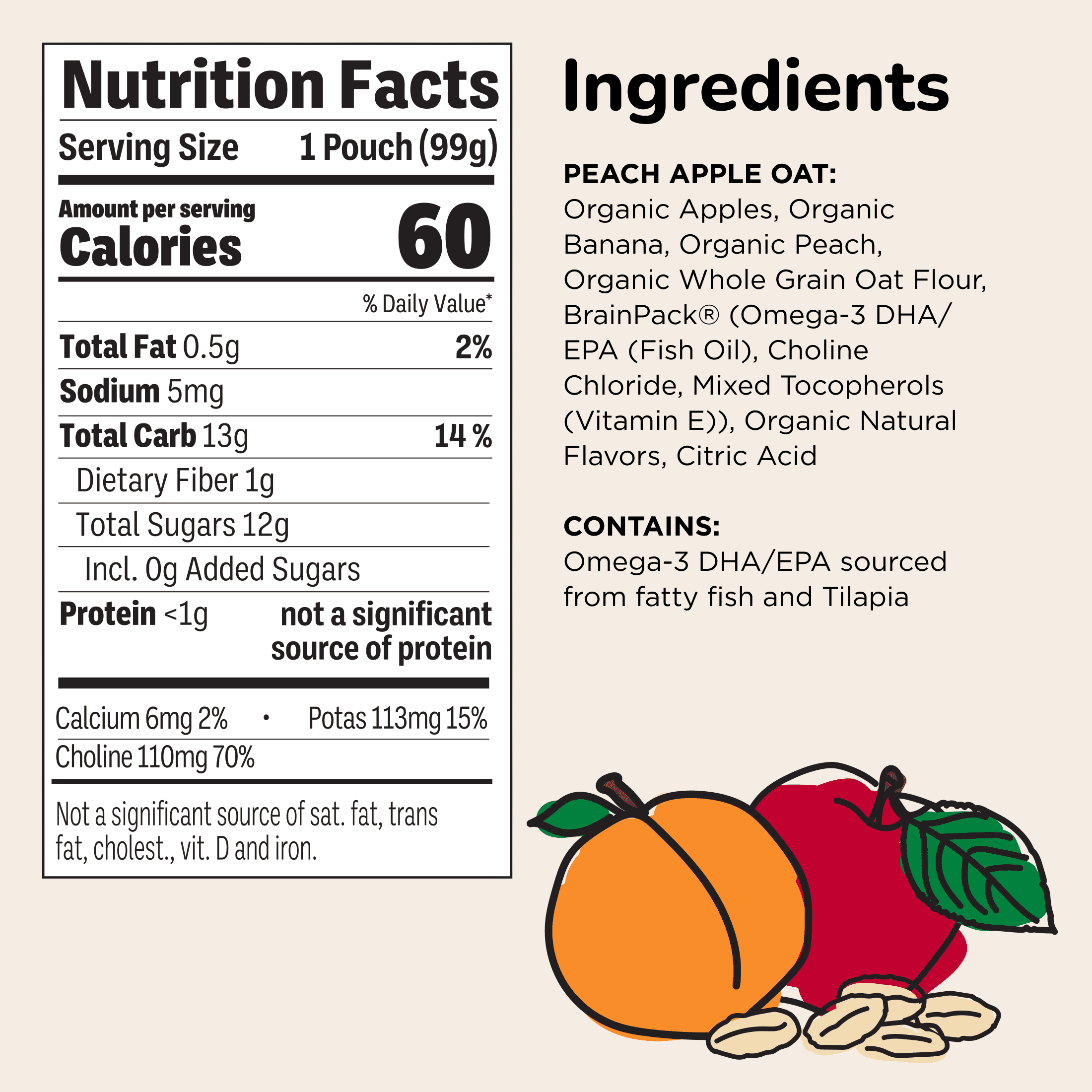 (12 pack) Little Brainiac Organic Fruit & Oat Toddler Food with BrainPack, Peach Apple Oat, 3.5oz