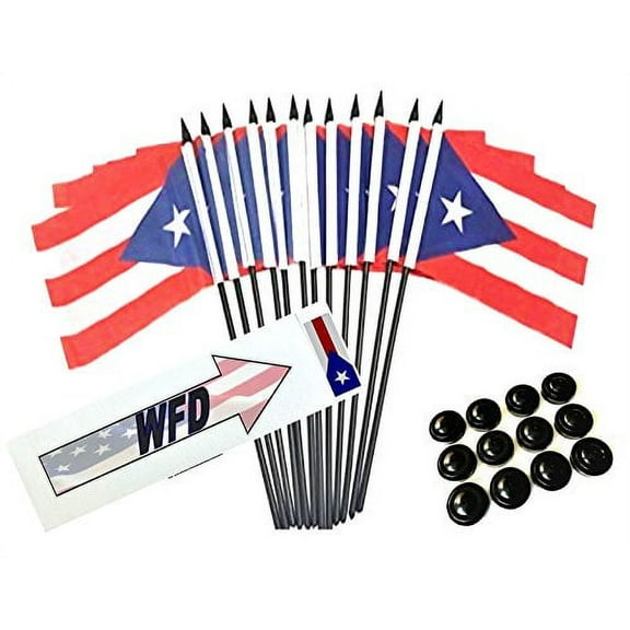 Pack of 12 4"x6" Puerto Rico Polyester Miniature Desk & Little Table Flags, 1 Dozen 4x6 Small Mini Hand Waving Stick Flags with 12 Flag Bases (Stands)