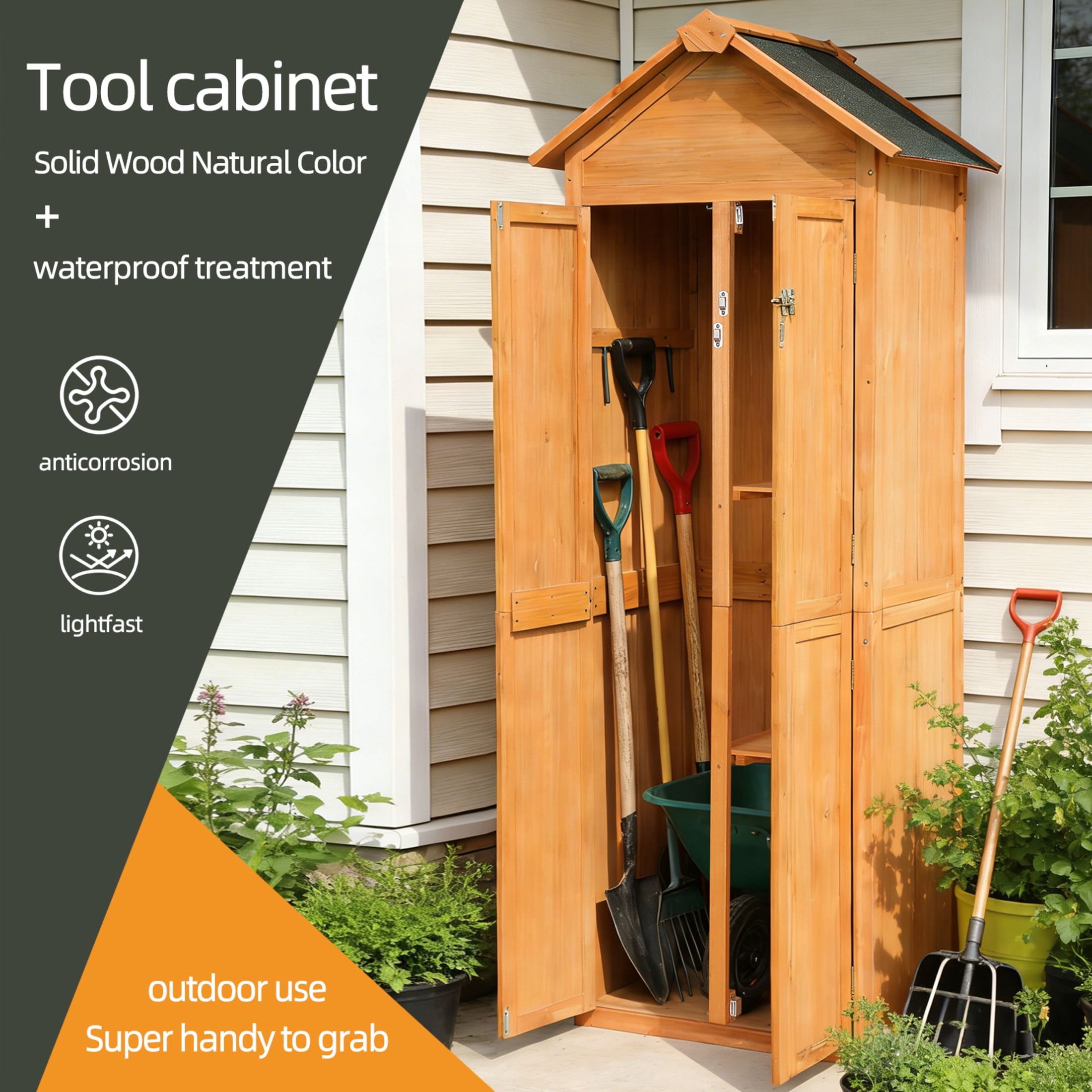 Noble House 27" Outdoor Storage Shed, Vertical Wooden Tool Cabinet with Lockable Doors for Patio, Garden, Brown