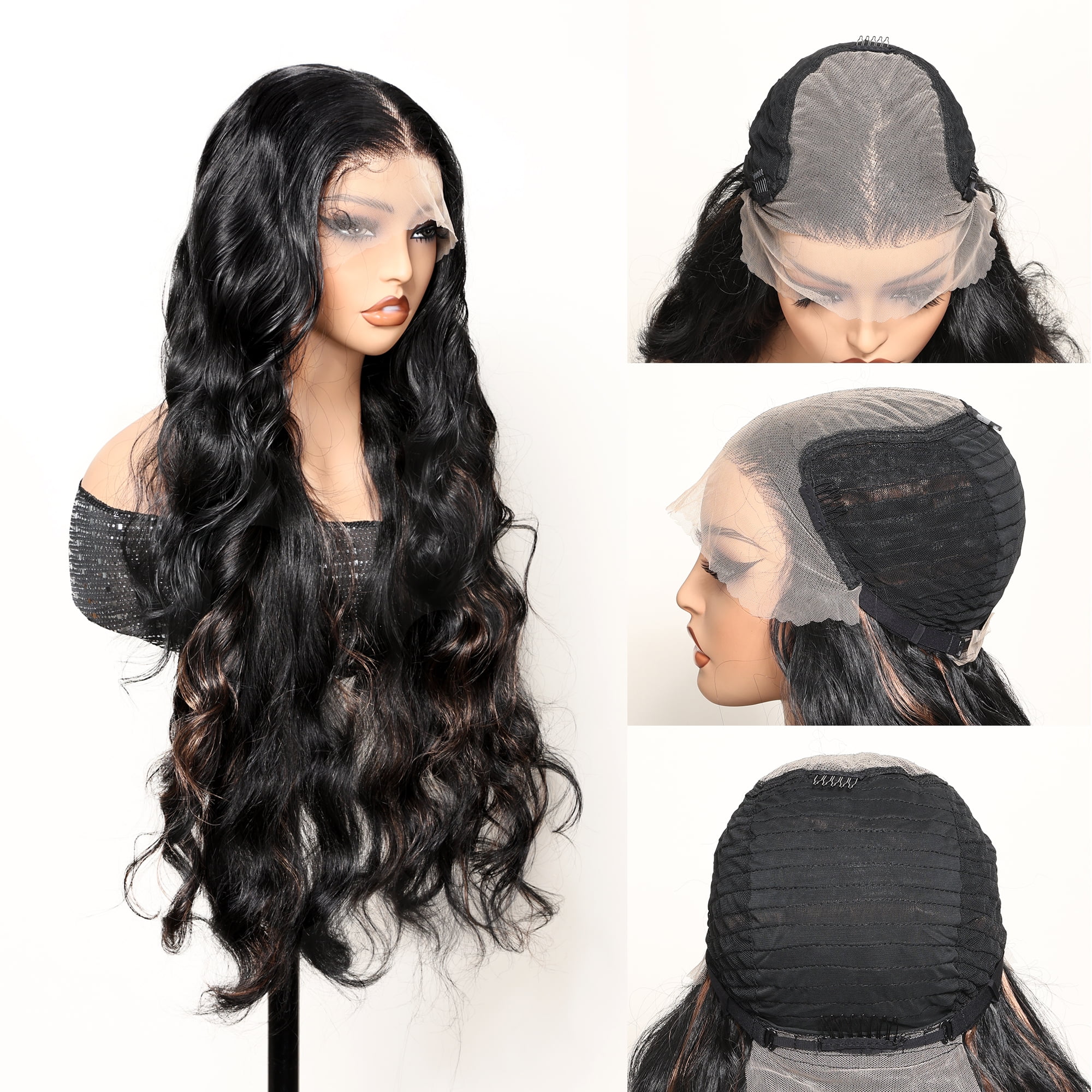 Body Wave Lace Front Wig Synthetic, 13x6 HD Transparent Lace, Pre-Plucked with Baby Hair, 32 Inch Long Wave Black with Brown Highlights Lace Frontal Wigs for Black Women