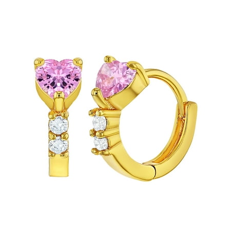 Gold Plated Pink & Clear Cubic Zirconia Heart Hoop Earrings for Little Girls 8mm