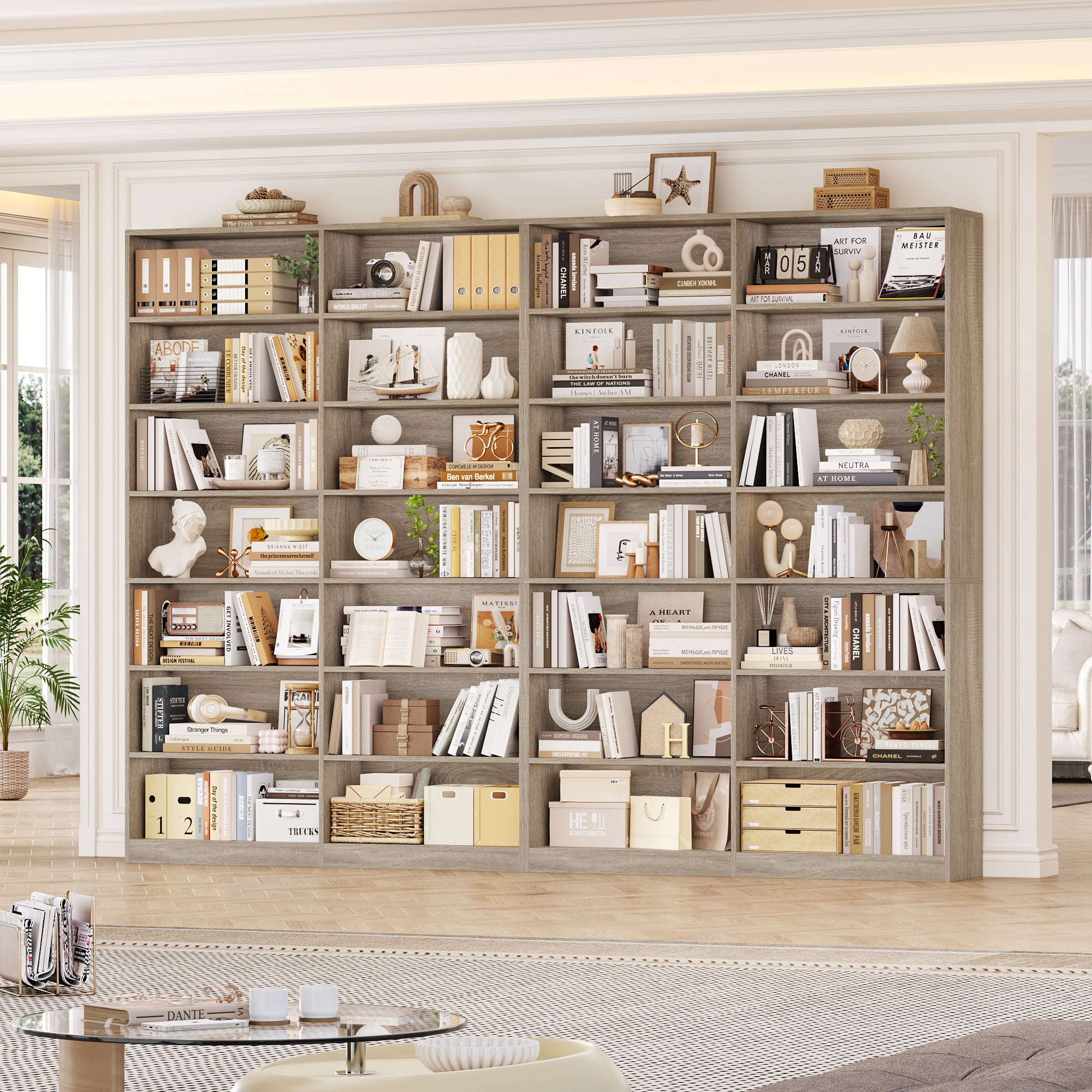 Hiphuta 84" Tall Double Wide 7-Tier Bookcase with 14 Cubes, Large Open Bookcase for Home Office and Living Room, Freestanding Display Book Shelves, Light Oak
