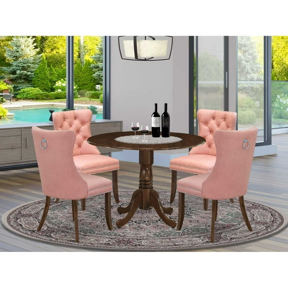 Round Dining Room Set with Dropleaf Table & 4 Chairs - Kitchen Table Set Walnut Finish