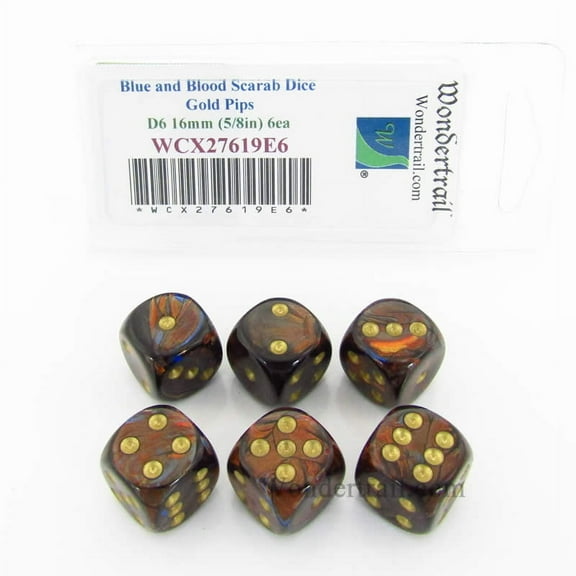 Blue and Blood Scarab Dice with Gold Pips 16mm (5/8in) D6 Set of 6 Wondertrail