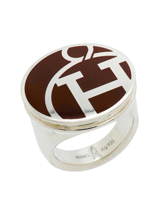 Pre-Owned Hermes Signet Circle Ring, Sterling Silver 925, Brown, Size #50, Women's