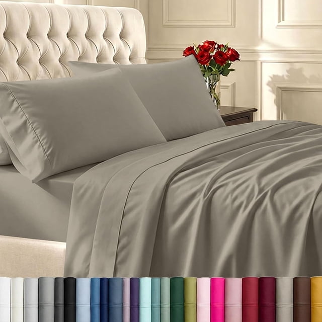 California Design Den Draps 100 % Coton Ultra Doux, Ensembles de Draps Format Double, Ensemble 4 Pcs, Literie Satin 400 Fils, Draps à Poches Profondes, Draps Rafraîchissants, Draps Format Double, Ensemble de Lit Respirant (Taupe)