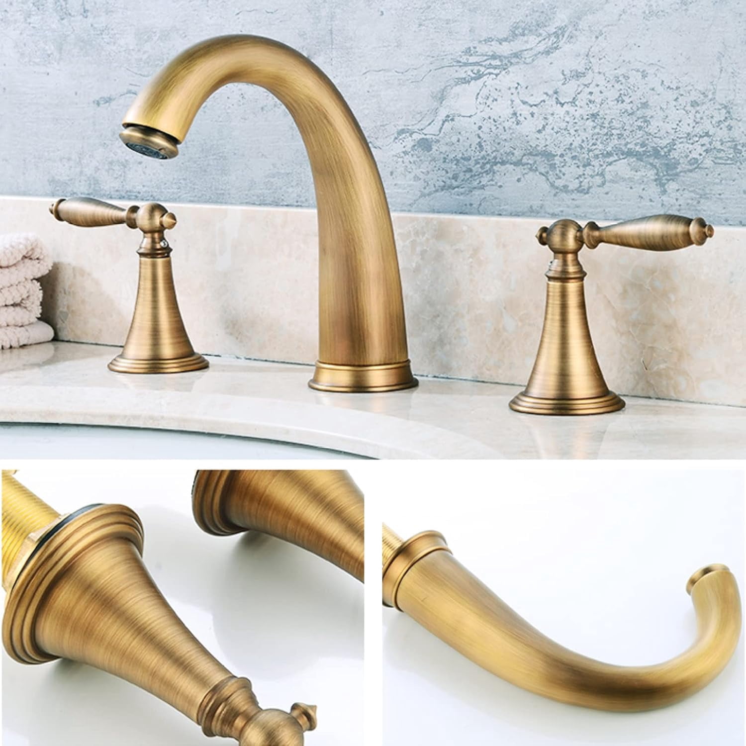 Bathroom Sink Faucet 3 Hole, Brass Sink Faucet Bathroom, Double Handles Bathroom Sink Faucet, Hot and Cold Water Faucet, 2 Lever Handles Bathroom Faucets, Gold