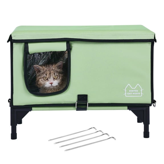 KFFKFF Raised Temperature-Controlled Feline Abode, Rectangular Feline Refuge with Modifiable Heat & Timing, 900D Oxford Fabric Collapsible Feline Haven with Warming Mat, Green (Large)