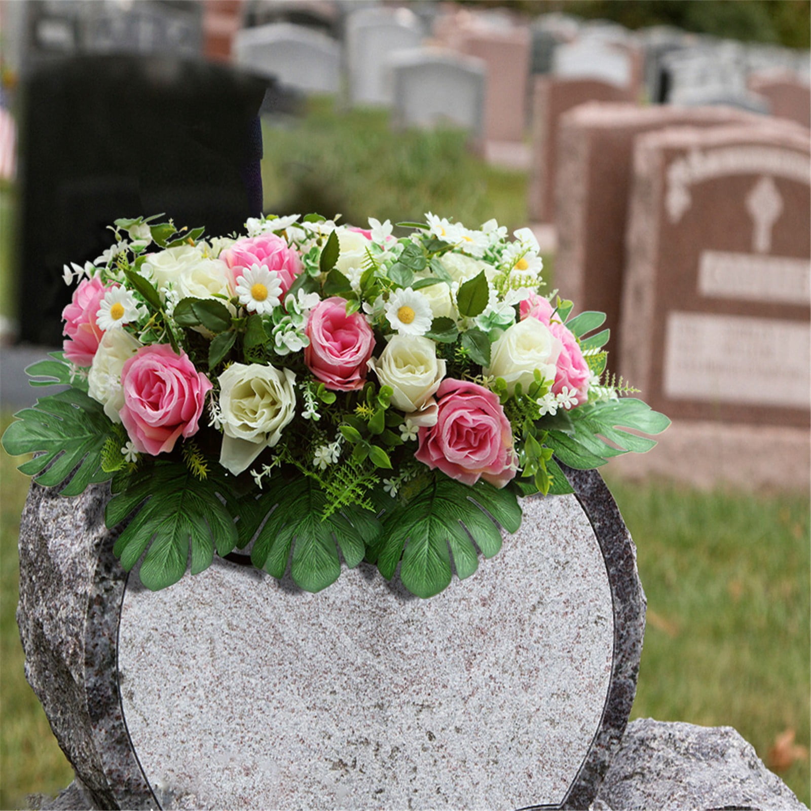 Headstone Flower Saddle, Cemetery Flower Saddle, Artificial Carnation Memorial Arrangement, UV Resistant Grave Saddle Decor, Memorial Day & Sympathy Cemetery Flowers, 23.6*10.6 inch
