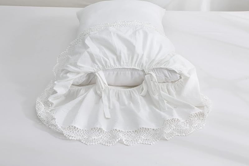 Ivory White Crocheted Lace Pillow Shams with Long Ruffles Cotton Standard Twin Size Pillowcases 26"X20" 2-Pack
