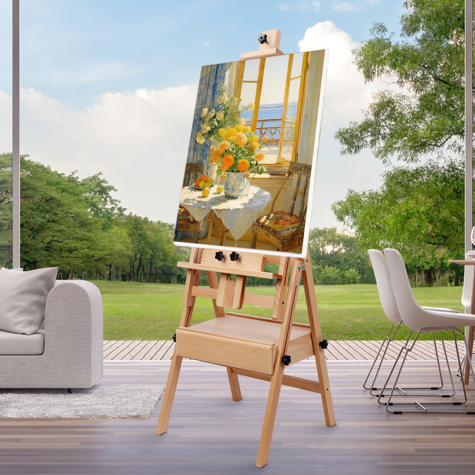 H Frame Easel, French Easel with Casters, Solid Beech Wood Easel, Painting Canvas Holder Stand, Tilts Flat Artist Easel, Height Angle Adjustable Queroig