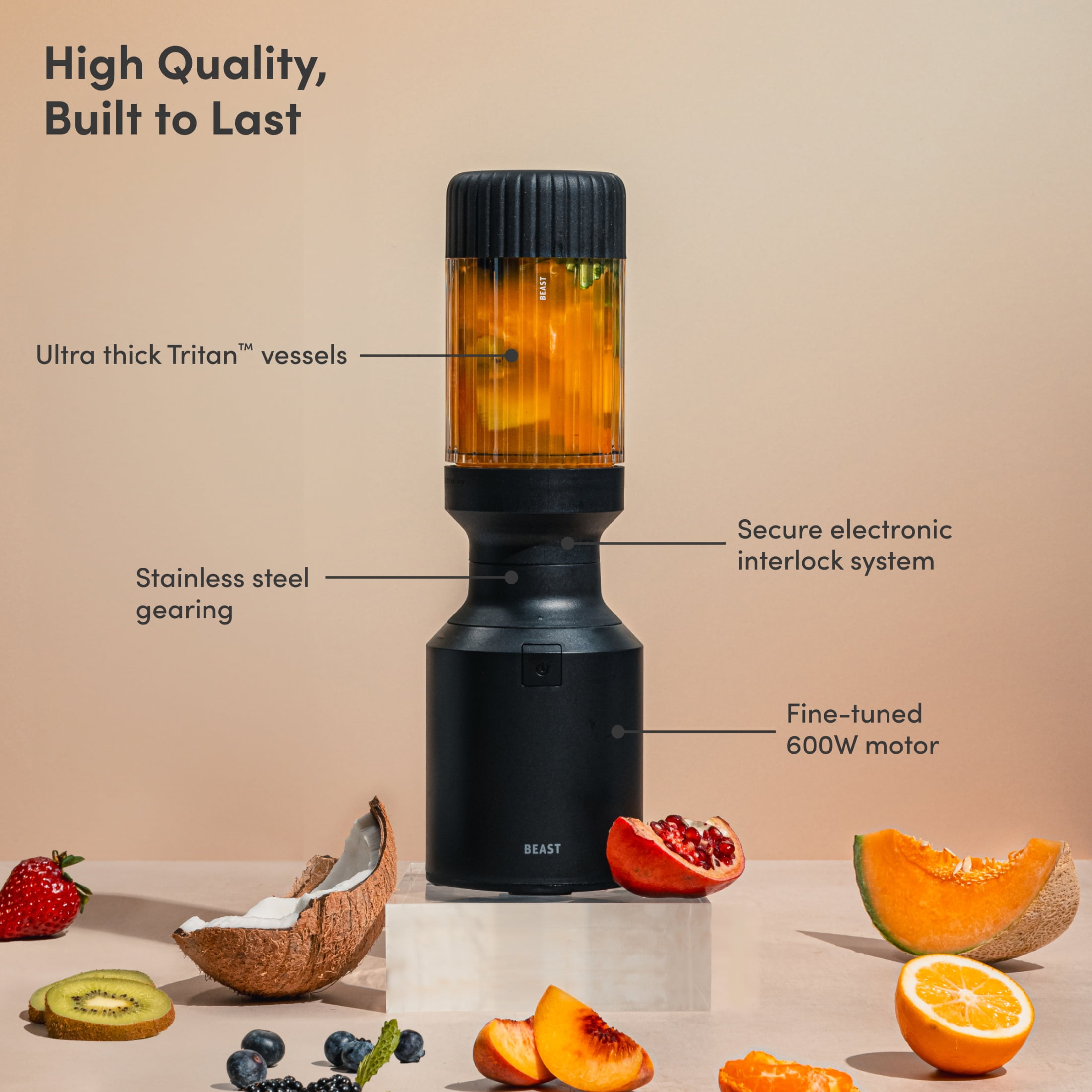 The Beast Mini® Blender | Personal Countertop Blender for Smoothies, Shakes, Food Prep, Frozen Fruits & Veggies, Sauces & Dips | Portable Bottle, Straw Cap and Straws | 600W Motor (Carbon Black)