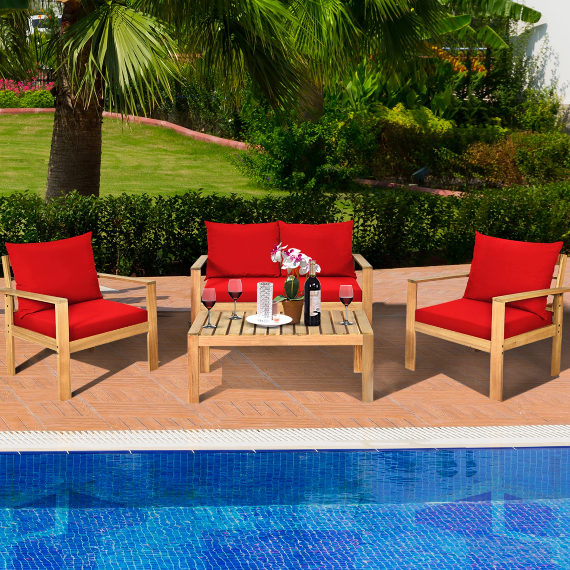 Gymax 8PCS Patio Acacia Wood Conversation Furniture Set w/ Red Cushions