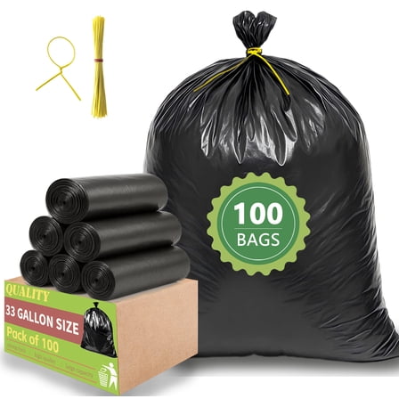33 Gallon Trash Bags (100 Count), Garbage Bags 30-32 Gallon, High Density Bags with Tying Ropes