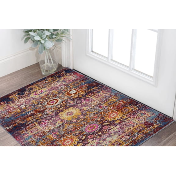 2' X 4' Blue Yellow And Red Floral Distressed Area Rug