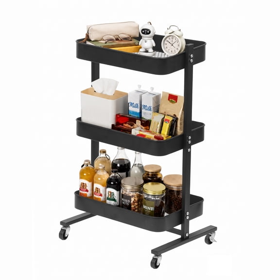 3 Tier Rolling Cart Metal Utility Storage Cart With Wheels for Bathroom, Office, Kitchen, Laundry Room, Heavy Duty Rolling Storage Cart, Black
