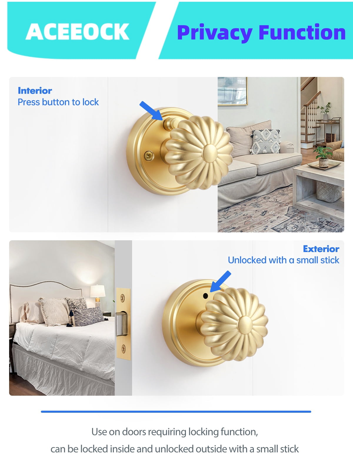 ACEEOCK Brushed Gold Privacy Door Knob, Interior Light Gold Door Handle Bedroom Bathroom Gold Door Knob, Aluminium Alloy Knob
