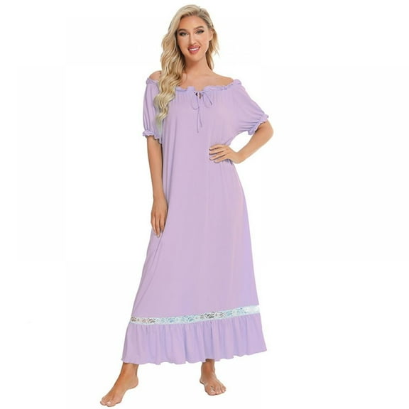 Women's Victorian Soft Nightgown Lace Trim Vintage Sleepwear Short Ruffle Sleeve Long Sleepshirts