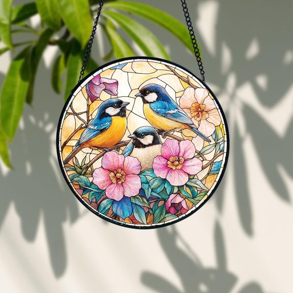 Chickadee Bird Stained Glass Suncatcher, Outdoor Nature Window Hanging, Gift for Mom or Bird Lover