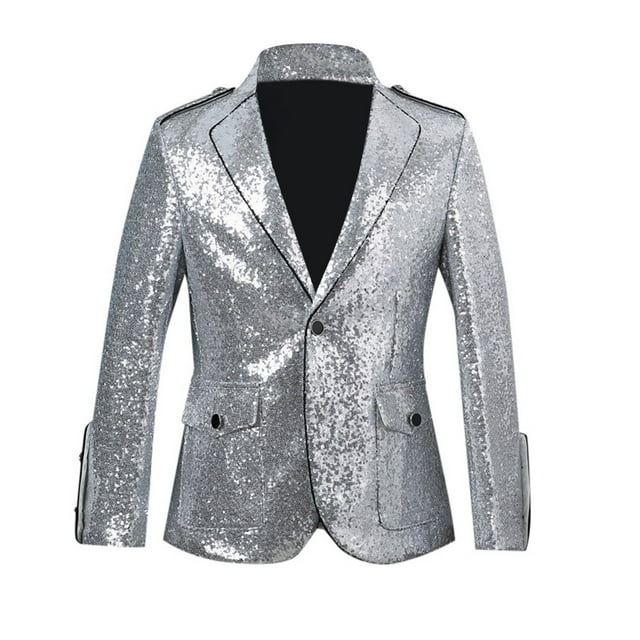 HXWCHs Men's Performance Suit Jacket with Silver Sequin Detailing for Stage Shows and formal Events Slim Fit Design Silver M