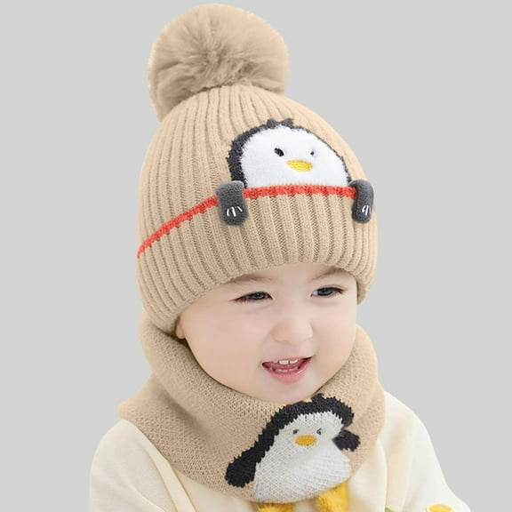 NAISIBABY Toddler Beanie Hat and Scarf 2-Piece, Cute Graphic Scarf Ski Cap with Pom Winter Warm Outdoor Set Coffee 1-3T