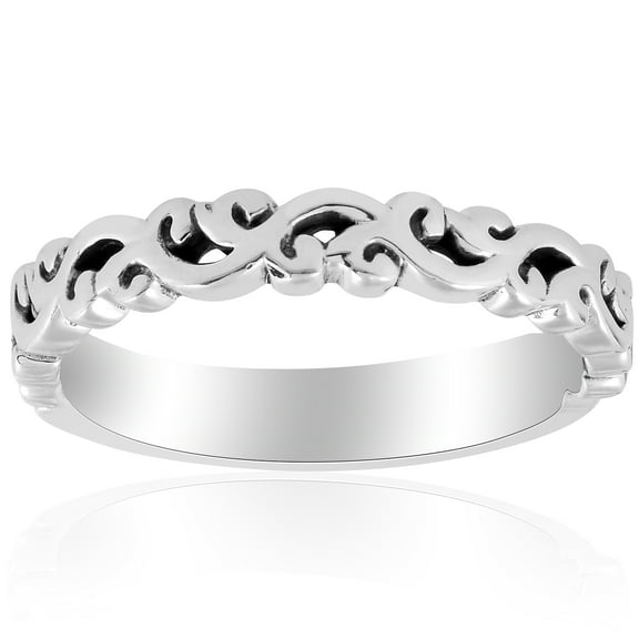 Pompeii 14k White gold Hand Carved Womens Wedding Band Filigree Vintage Stackable Ring (,)