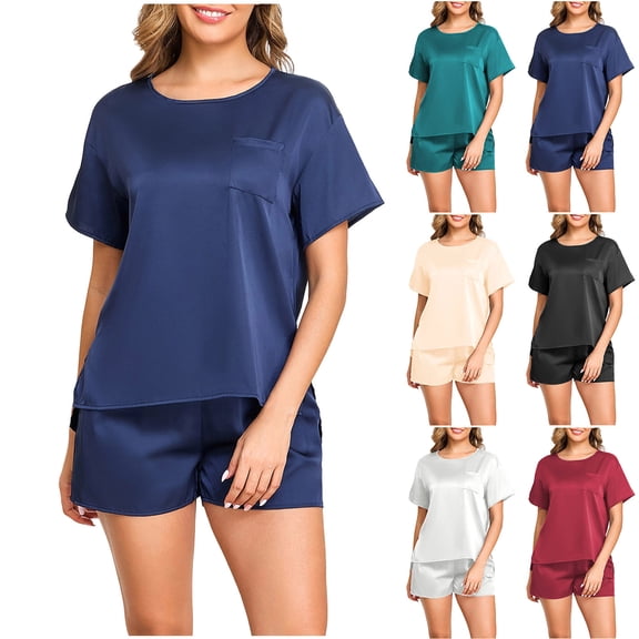 Bixock Women 2 Piece Loungewear Set Pajamas for Women Solid Color Round Neck Short Sleeve Top With Pocket Short Pants Sleepwear