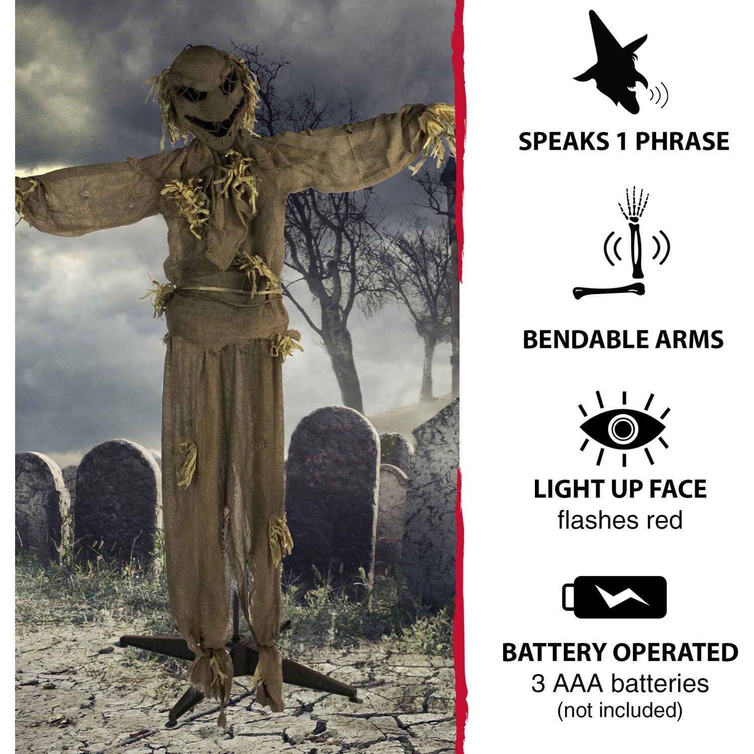 Haunted Hill Farm Life-Size Animatronic Scarecrow, Indoor/Outdoor Halloween Decoration, Multi-Color