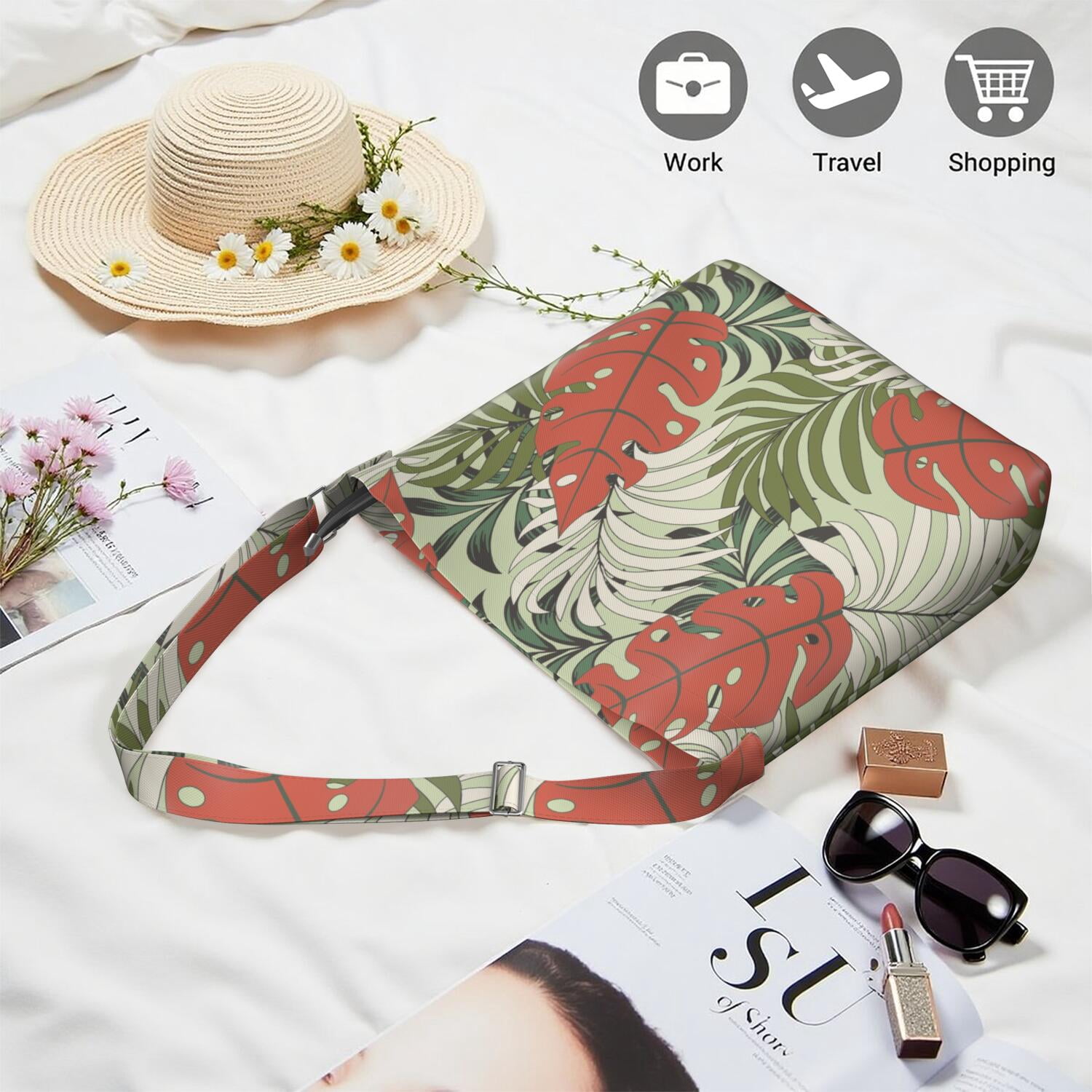 Tropical Palm Leaf Shoulder Bag for Women - Large Capacity Minimalist Travel Purse with Adjustable Strap & Multi-Pocket Design