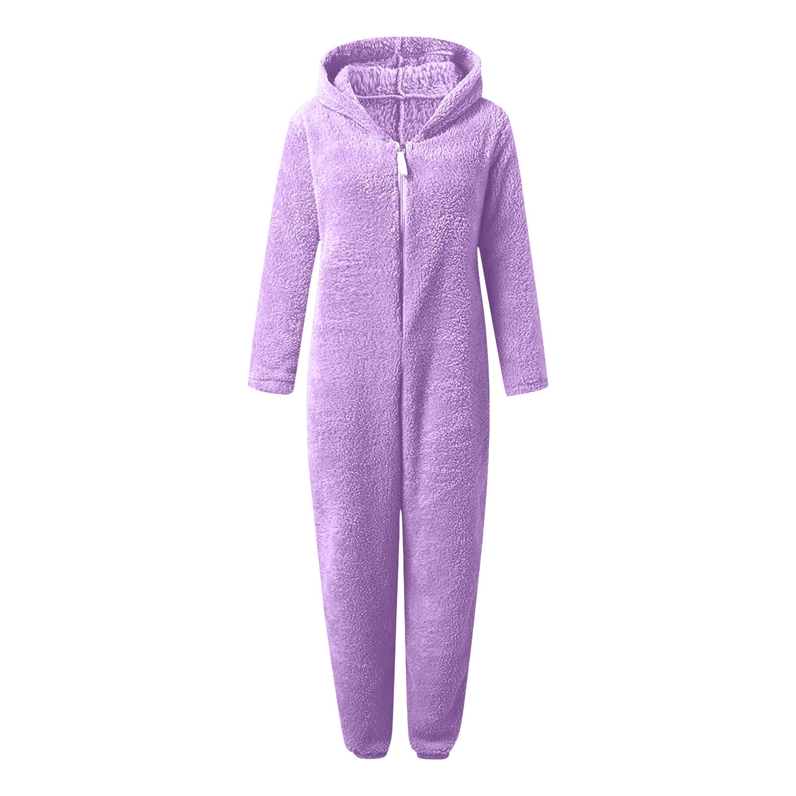 Feancey Womens Fleece One Piece Pajamas Winter Warm Hooded Romper Sleepwear Zip Up Cute Plush One Piece Pjs Comfy Thermal Jumpsuit Loungewear Purple L