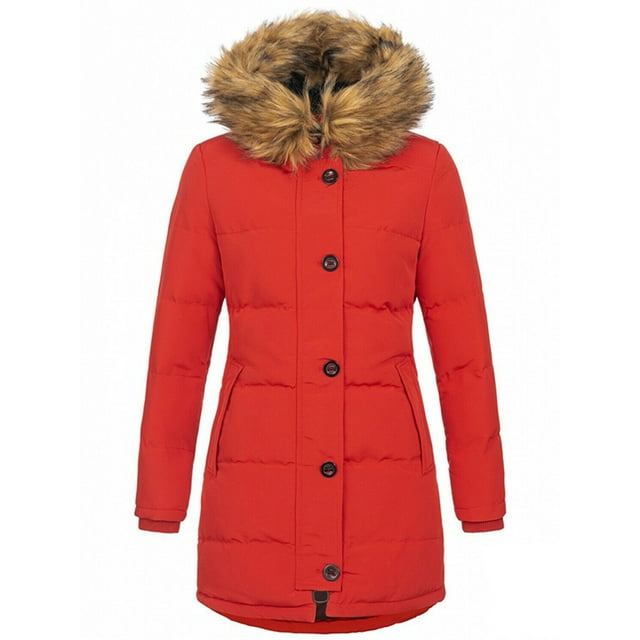 LUXUR Manteaux à Capuche pour Femmes avec Poches Coupe Ajustée Veste Épaisse Extérieure Rouge 4TG