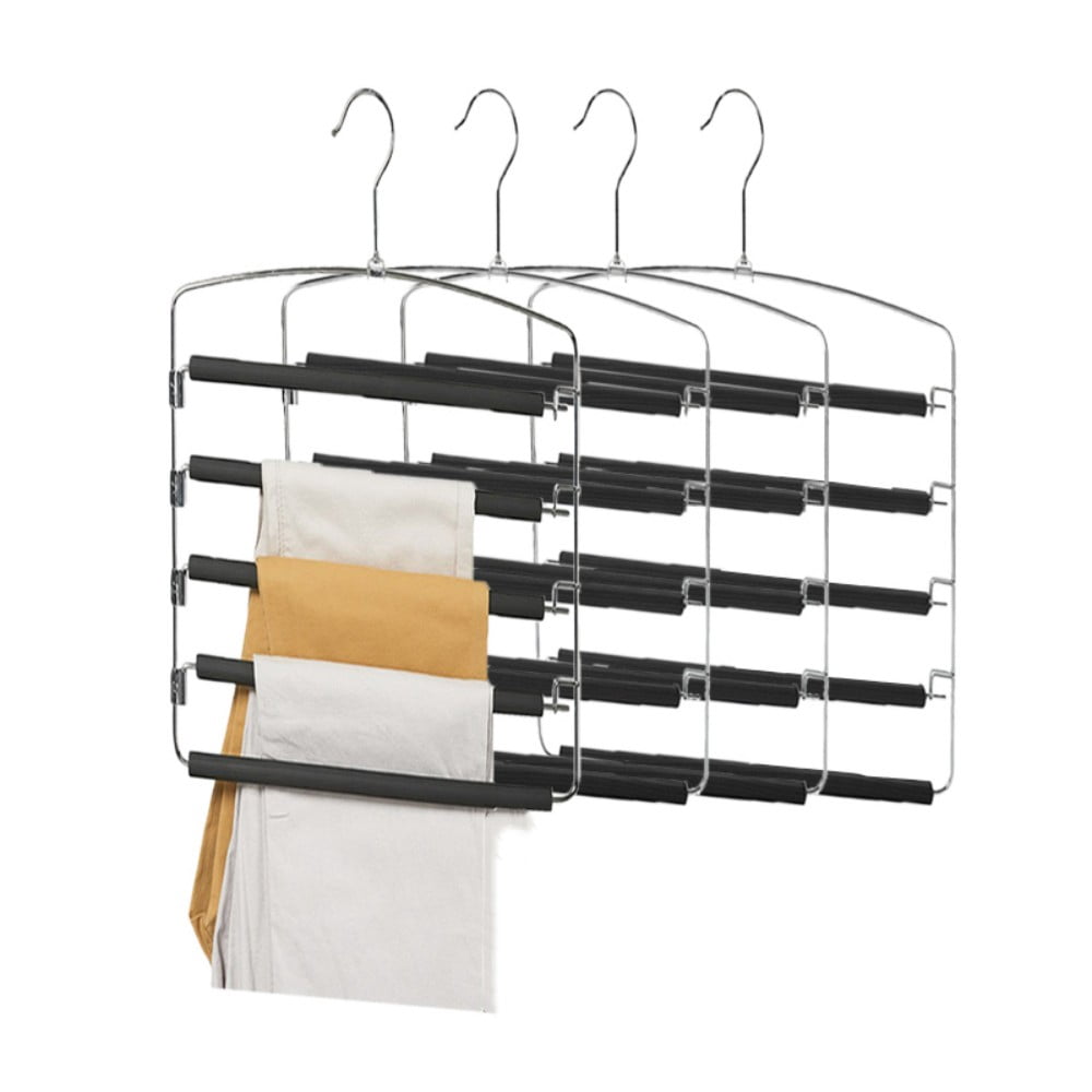 Metal Pants Hangers 4Pcs, Trousers Hangers, Space Saver Pants Rack, Clothes Hanger for Pants, Non-Slip Space Saving Multi-layer Swing Arm Pant Hanger, Stainless Steel,Non-Slip, Foam, by tutuviw