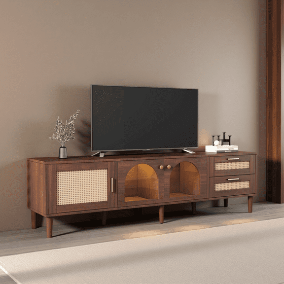 TV Stand for TVs up to 80", Entertainment Center with App Controlled LED Lights, Media Console with Rattan Doors & Drawers, Modern TV Cabinet for Living Room, Dark Brown