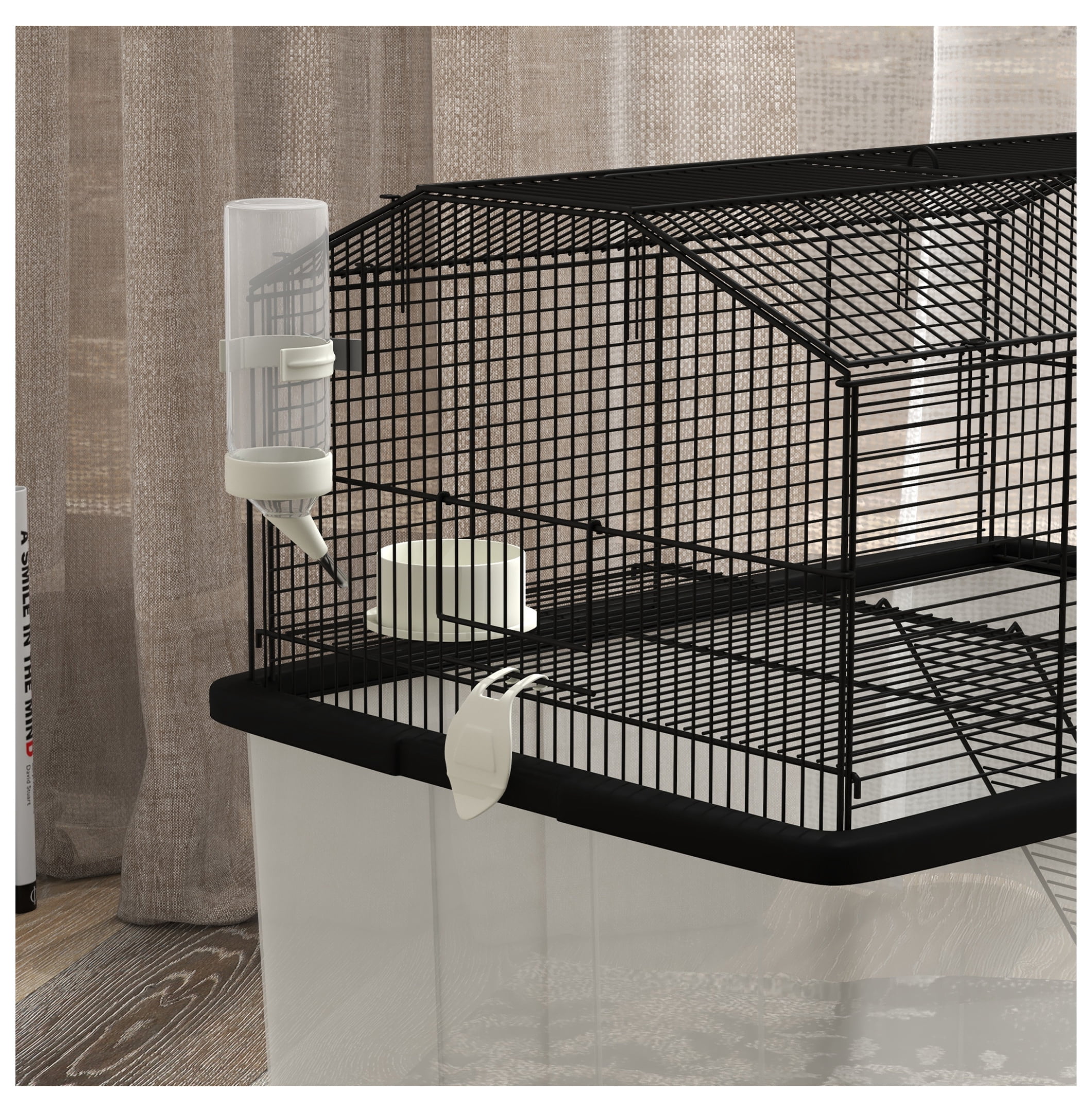 22" Hamster Cage 2-Tier Small Animal Habitat, Black - with Ramp, Water Bottle & Food Dish