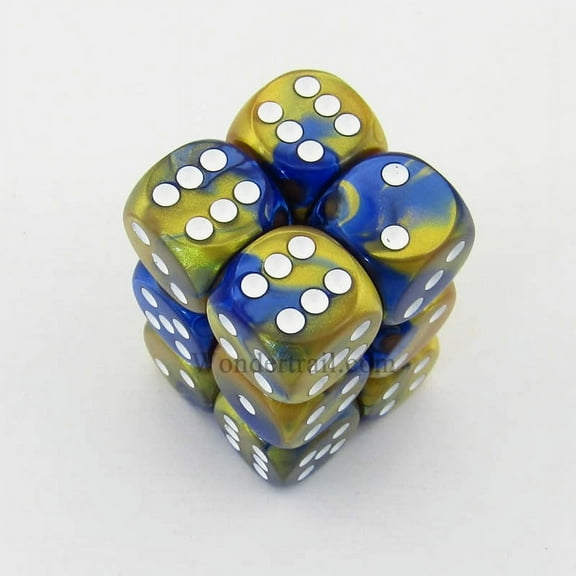 Blue and Gold Gemini Dice with White Pips D6 16mm (5/8in) Pack of 12 Chessex