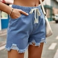 thumbnail image 6 of JWZUY Women Mid Rise Ripped Stretchy Jeans Shorts Frayed Raw Hem Casual Drawstring Denim Shorts 2-Blue Small, 6 of 8