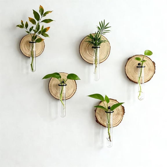 Sruoe Wall Hanging Test Tube Vases, Wood Slice Flower Pots, Glass Propagation Station Plant Pot, Planters for Indoor Plants, Living Room Wall Decor, Home Decor