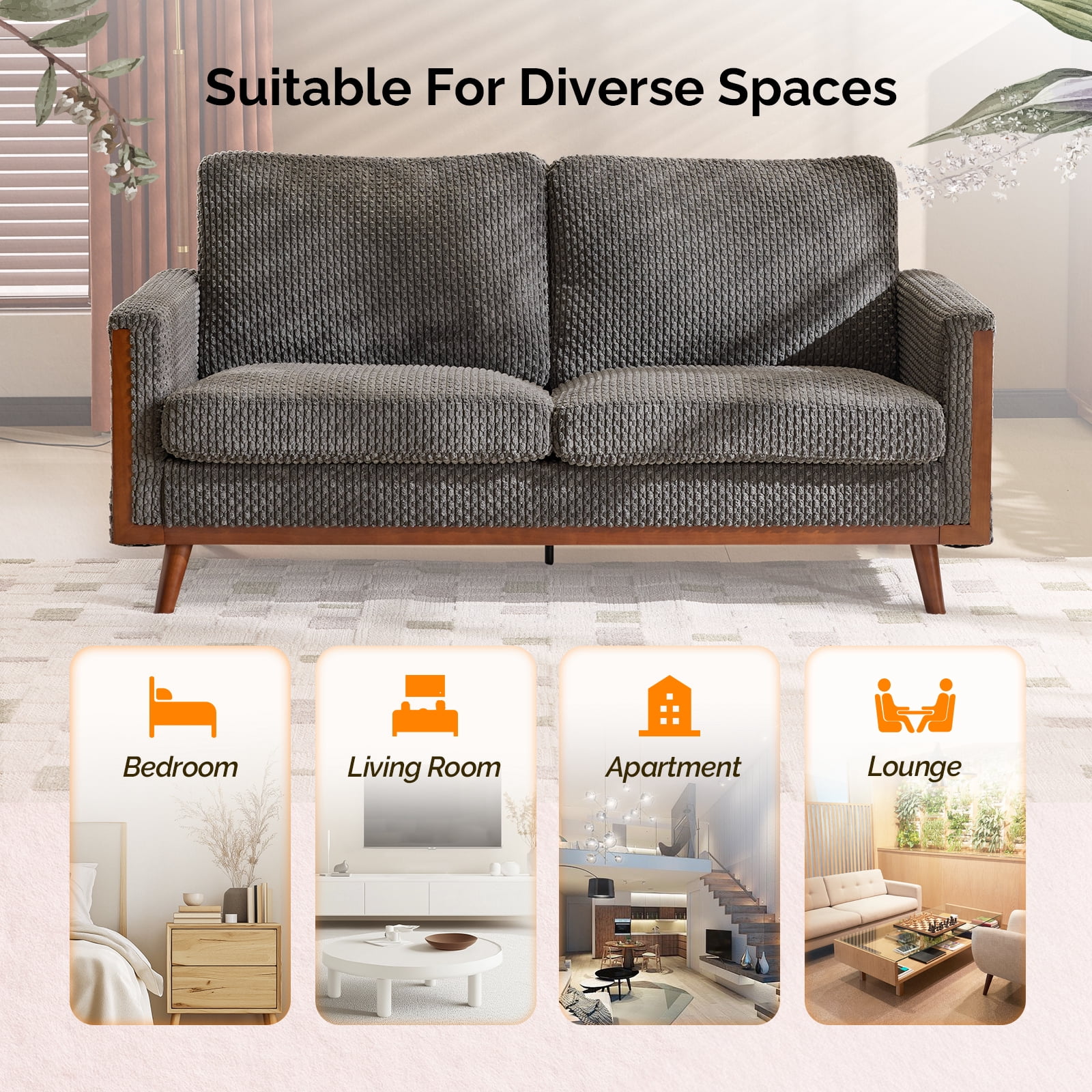 Ktaxon Corduroy Loveseat Sturdy Build, 2 Seater Sofa Solid Wood Frame, Living Room Couch Deep Seat for Small Space Apartment Home Dark Gray