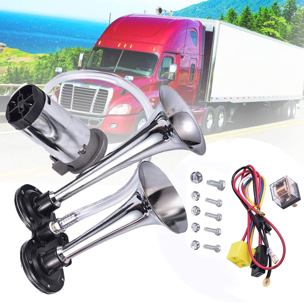 12V 150dB Car Air Horn Kit, Super Loud Twin Tone Chrome Plated Zinc Dual Trumpet Air Horn with