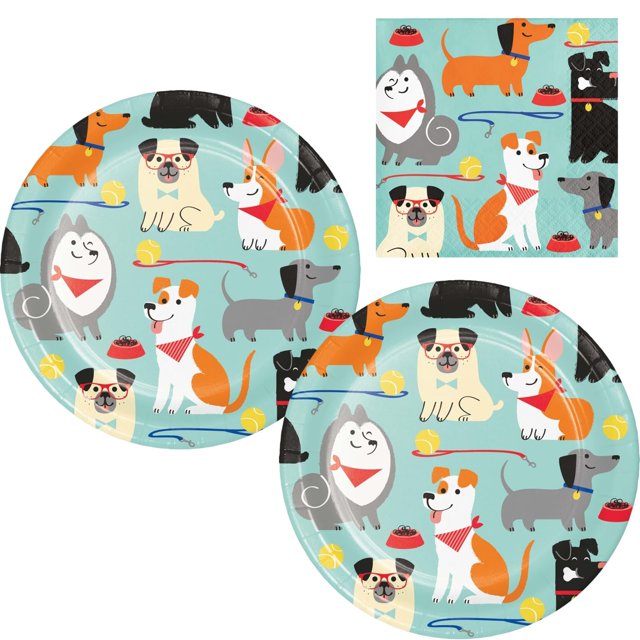 Paquete de platos de postre para fiesta de perros (16) y servilletas para bebidas (16)