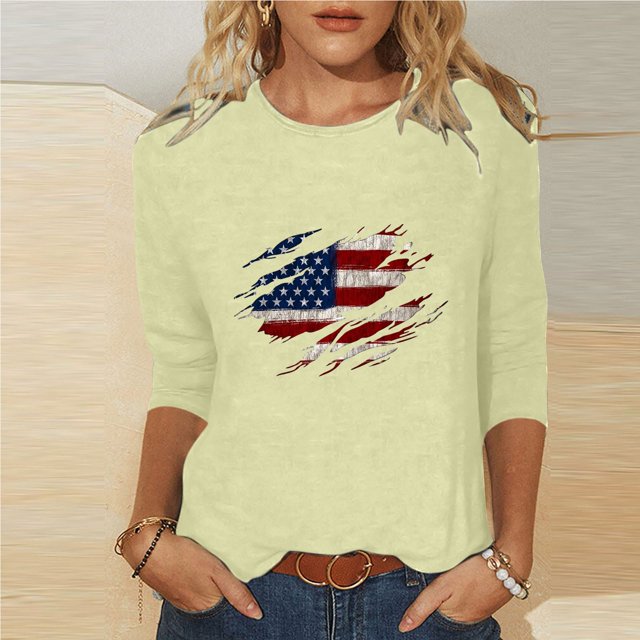 Fridja Liquidation Chemises Drapeau Américain Étoiles Rayures pour Femmes Été 2024 Ample et Confortable Jour de l'Indépendance Imprimé Col Rond Manches Trois-Quarts T-Shirt Haut (Kaki, TG)